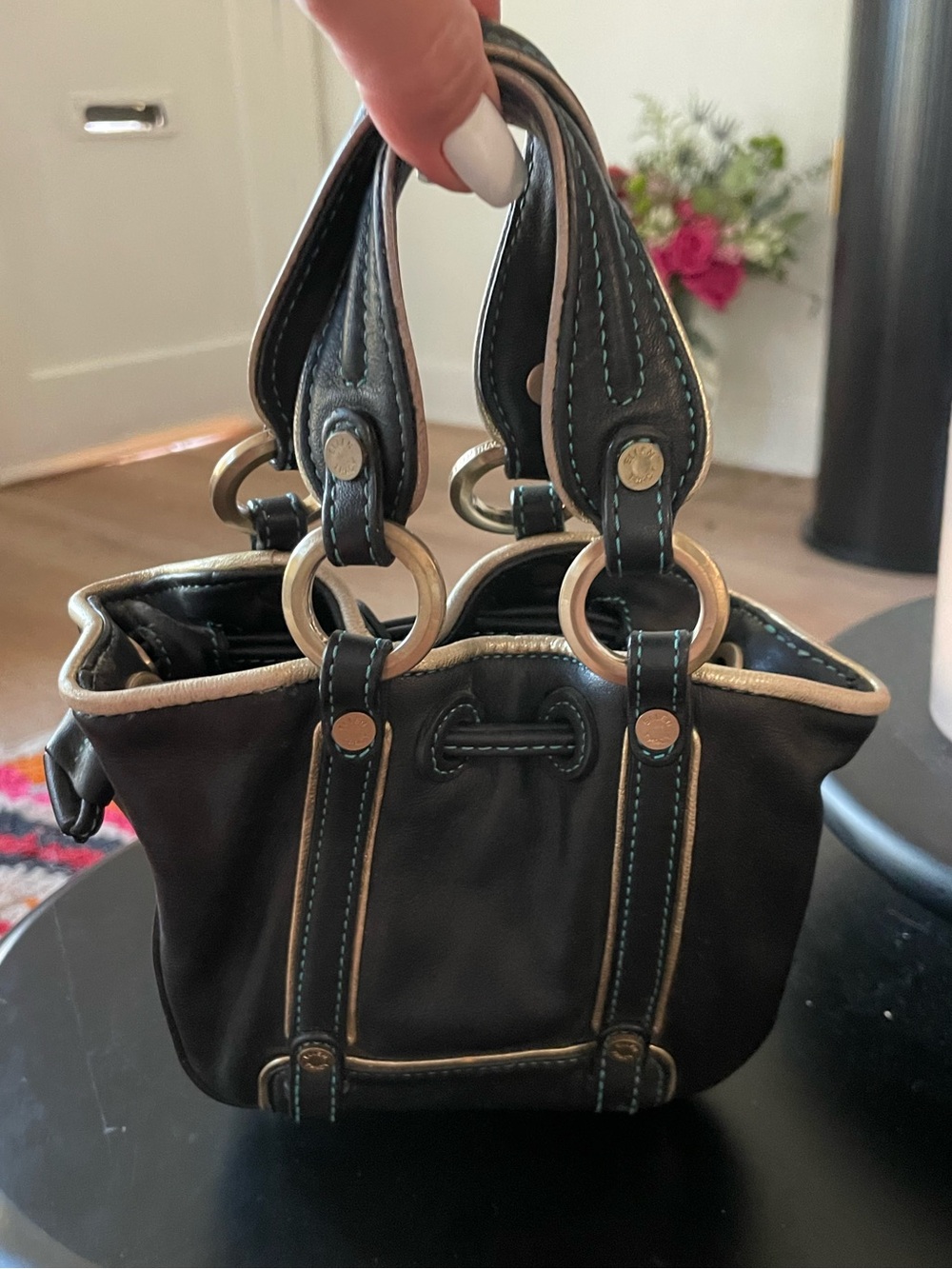 Vintage Y2K Ellen Tracy navy black Leather Mini Tote bucket bag with gold Trim